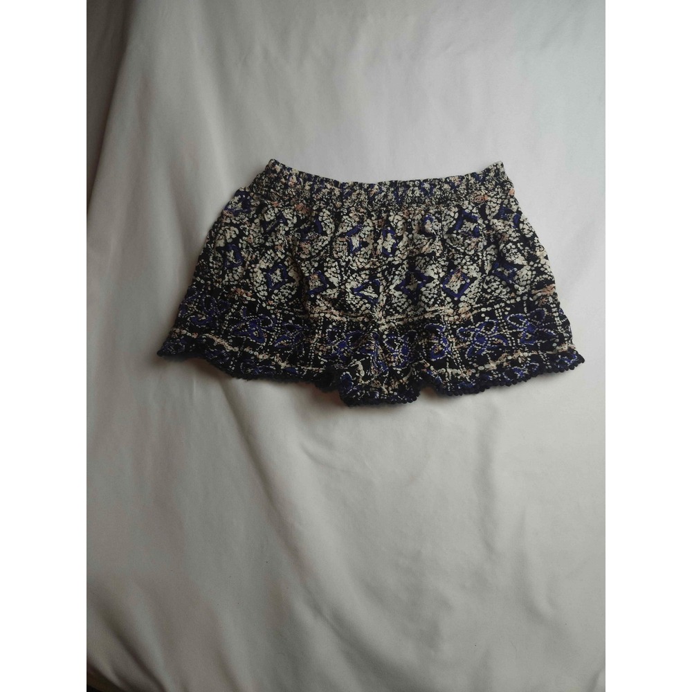 Angie‎ Womens Small Boho Floral Smocked Waist Ruffle Hem Shorts Black Blue Rayon